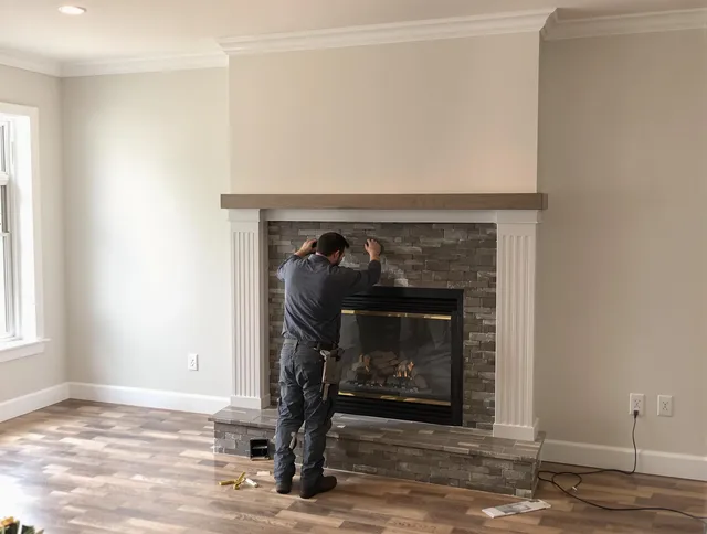 Riverview Chimney Sweep finishing a custom fireplace install in Riverview, FL